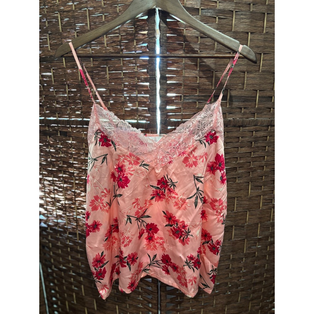 Marilyn Monroe Intimates Pink Floral Satin Cami Top‎ with Lace Trim - Size L Y2K